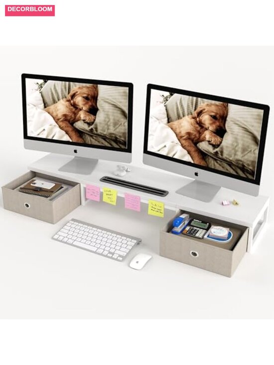 Other - 39 Inch Dual Monitor Stand Riser with 2 Drawers, Ergonomic Computer Desk
